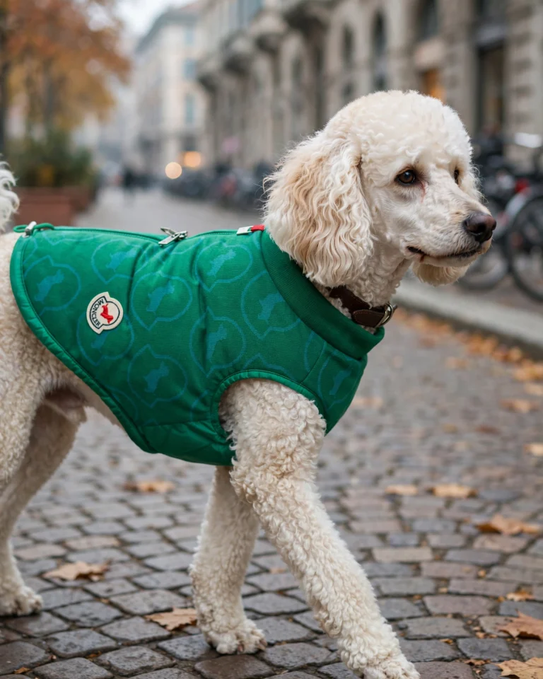 Chaleco acolchado de jacquard Poldo x Moncler en un perro (imagen con IA)