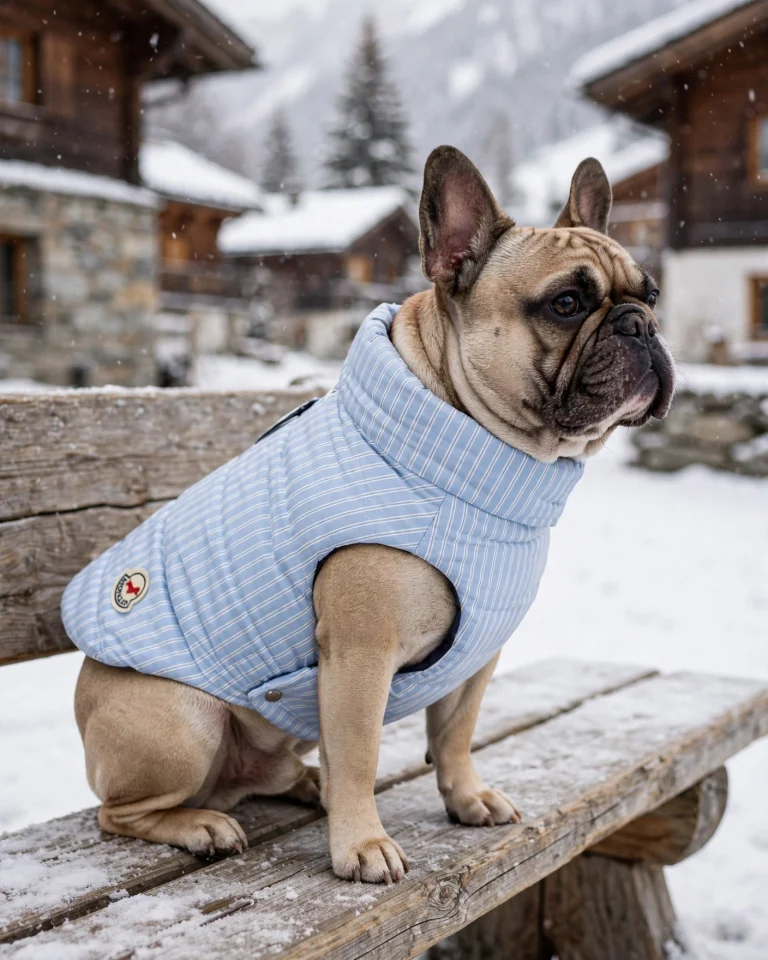 Chaleco acolchado reversible Poldo x Moncler en un perro (imagen con IA)