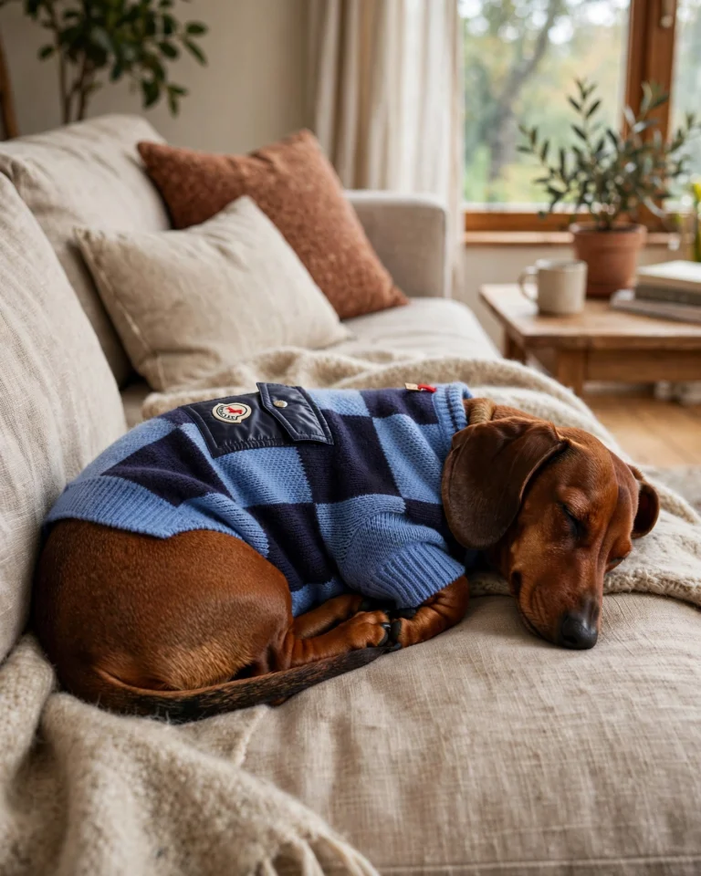 Suéter de punto Poldo x Moncler en un perro (imagen con IA)